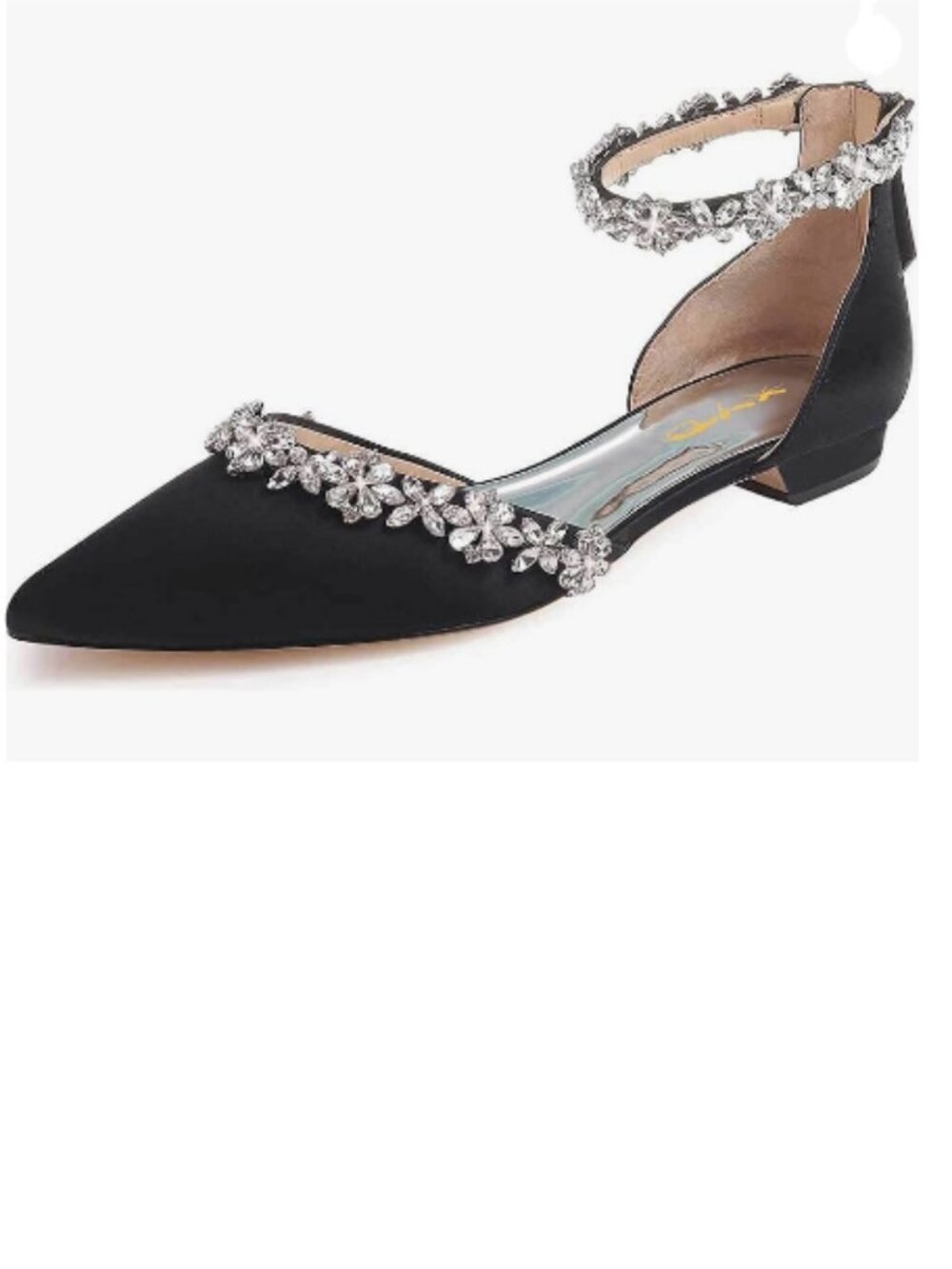 XYD Black Pointed Toe D'Orsay Wedding Flat Sandals Rhinestones Ankle Strap Shoes